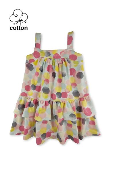difa kids Girl's Ecru Polka Dot Patterned Ruffle Strap Summer Casual Cotton Dress