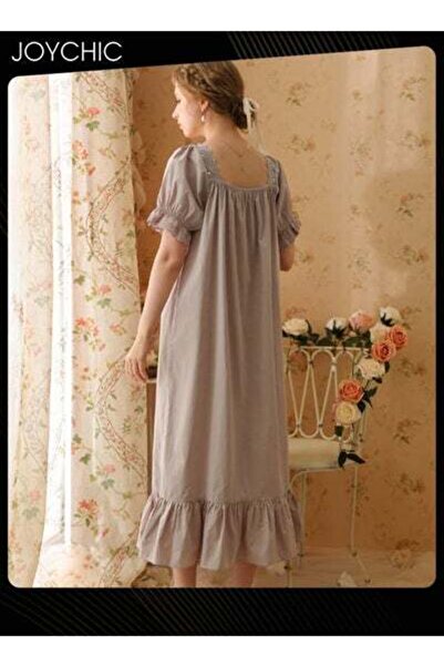 HALAMODO Retro French Sweet Princess Night Dress Short-sleeved Long Nightgown Cotton Breathable Sleepwear