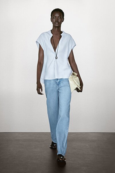 Massimo Dutti Açık yaka %100 keten dökümlü bluz