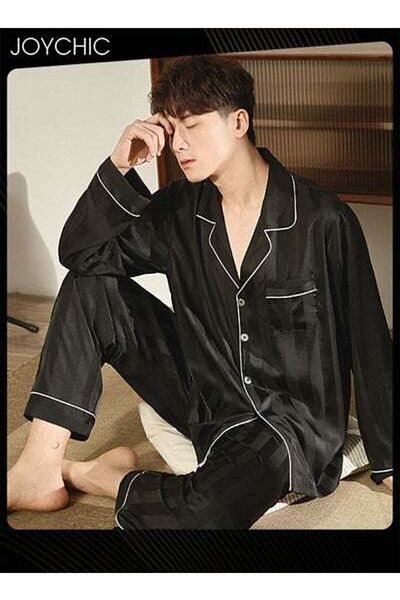 HALAMODO Solid Pattern Laple Pajamas Long-sleeved and Trousers Ice Silk Comfortable Home Sleepwear