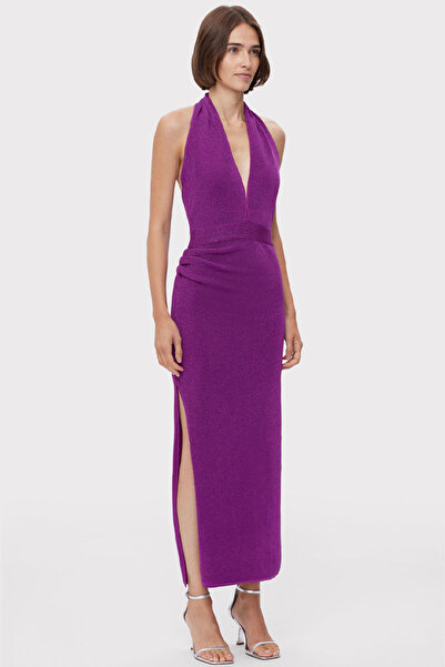 Herve Leger METALLIC HALTER PLUNGE DRESS - HERVE LEGER - PURPLE, XS