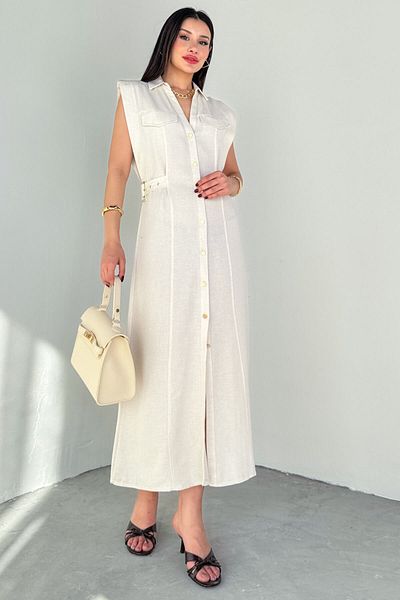 Cappmoda ELB-01788 Φόρεμα από ακατέργαστο λινό πουκάμισο με κρεμ γιακά πόλο με λεπτομέρεια δεσίματος τσέπης