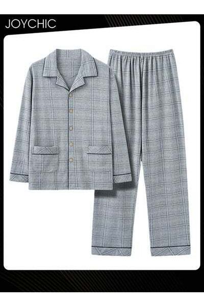 HALAMODO 2-Piece of Simple Leisure Men's Pajamas Set Pure Cotton Long-sleeved Loose Neckline Design Cardigan