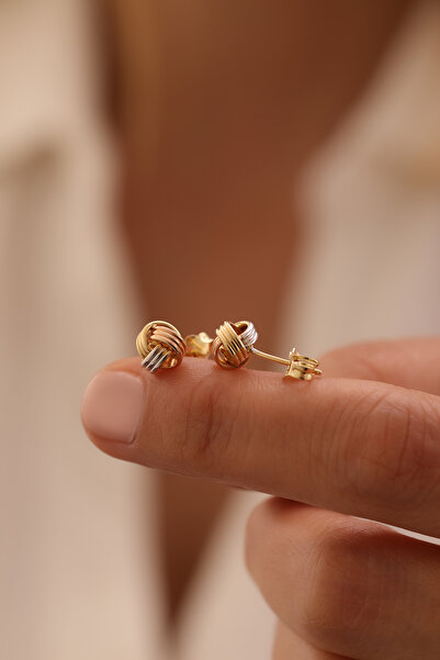 YAVUZ KUYUMCULUK 14 Ayar Altın Üç Renk Üç Sıra Düğüm Top Küpe