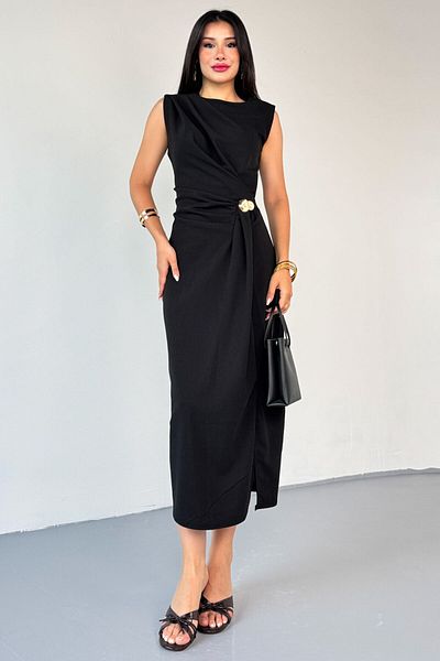 Cappmoda ELB-01796 Φόρεμα με μαύρη πόρπη με λεπτομέρεια Draped Polyviscon
