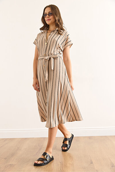 Olalook Women's Stone Belted Striped Midi Shirt Dress Elb-19002450