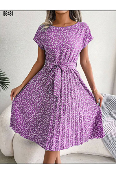 Modayakamoz Kadın Kısa Kollu Günlük Elbise Çiçekli Yuvarlak Yaka Kuşaklı