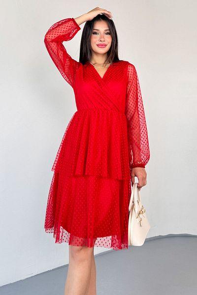 Cappmoda ELB-01797 Κόκκινο φόρεμα με διπλό γιακά με δαντέλα με πλισέ άμμο