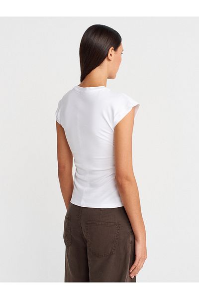 Dilvin 31875 Stitch Detailed T-Shirt-White