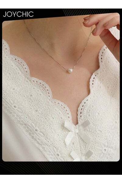 HALAMODO 2-piece French Sweet Style Pajamas Short-sleeved Cropped Pants Lace V-neck Comfortable Nightgown