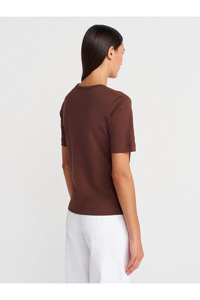 Dilvin 31840 V-Neck Short Sleeve T-Shirt-Light Brown