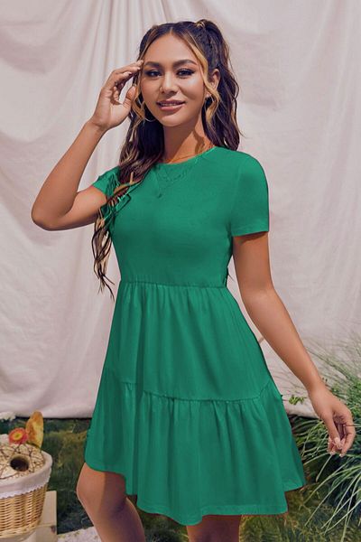 Trendseninle Dark Green Crew Neck Plain Short Sleeve Ruffle Trim Combed Cotton Dress