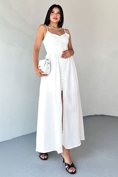 Cappmoda ELB-01802 Φόρεμα μουσελίνας με κουμπιά με λευκό λουράκι