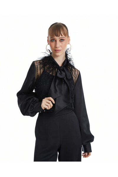 SERPİL Kadın Fular Detaylı Şifon Gömlek – Tül Üstü Payet İşlemeli Zarif Tasarım