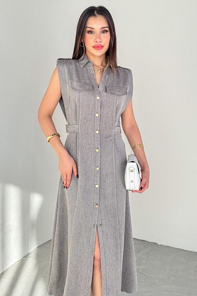 Cappmoda ELB-01788 Φόρεμα από ακατέργαστο λινό πουκάμισο με καπνιστό γιακά πόλο με λεπτομέρεια δεσίματος