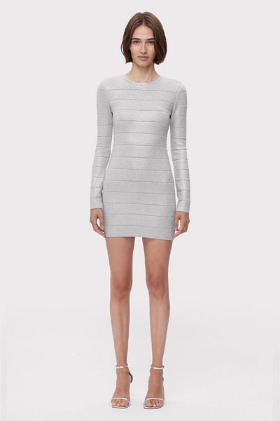 Herve Leger ROCHIE MINI DISCO TRICOTATĂ CU GÂT ROTUND - HERVE LEGER - ARGINTIU, S