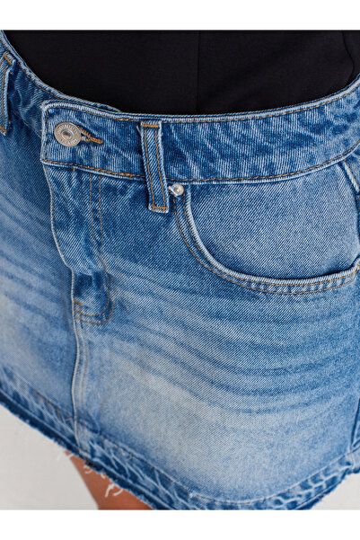 Dilvin 80586 Uc Bölümü İzli Mini Denim Etek-Mavi