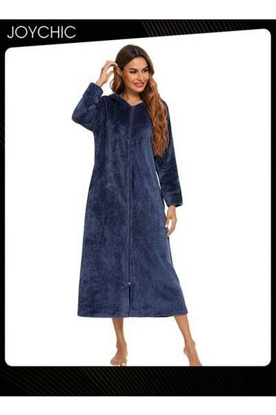 HALAMODO Long-sleeved Flannel Warm and Windproof Nightgown Cardigan Women Zipper Long Bedroom Pajamas