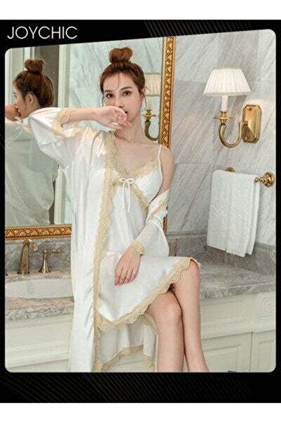 HALAMODO 2-piece Ice Silk Mid-length Nightgown for Women Spring and Summer Autumn Lace V-neck Pajamas