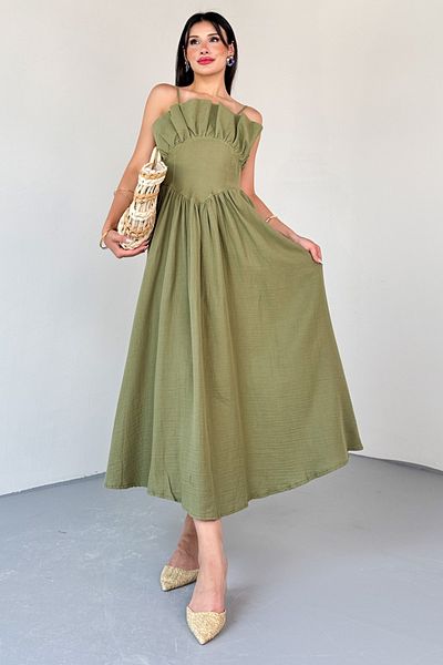 Cappmoda ELB-01807 Χακί μπροστινό πλισέ μπουστάκι μουσελίνα υφασμάτινο φόρεμα