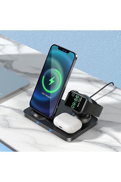 Hoco Stație de încărcare wireless, BzStore, Ultra-Charge, MagSafe, 15W, Negru 3 în 1