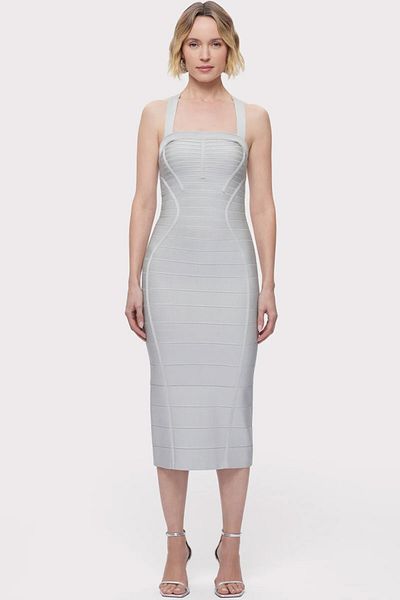 Herve Leger ROCHIE MIDI BANDAJ CU SPATE ÎNCRUCIȘAT - HERVE LEGER - GRI, M