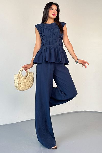 Cappmoda Tkm-13317 Navy Blue Flounce Blouse & Loose Trousers with Tie Detail Double Set