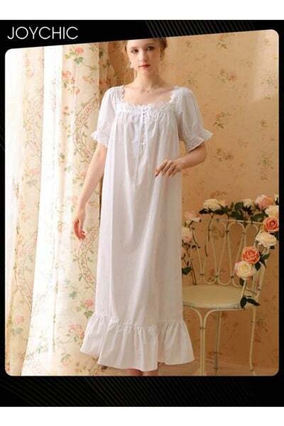 HALAMODO Retro French Sweet Princess Night Dress Short-sleeved Long Nightgown Cotton Breathable Sleepwear