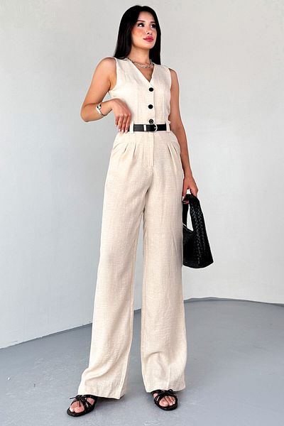 Cappmoda Elb-01806 Stone Color Button Detailed Linen Belted Summer Jumpsuit