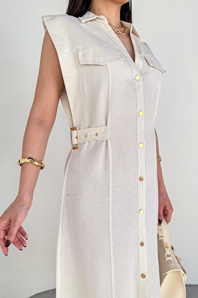 Cappmoda Elb-01788 Cream Polo Collar Pocket Tie Detail Raw Linen Shirt Dress