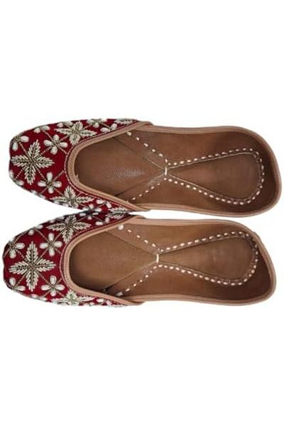 Generic Traditional Indian Jutti Flats, Red Velvet with Pearl Embroidery, Handcrafted Women's Mojari Shoes,