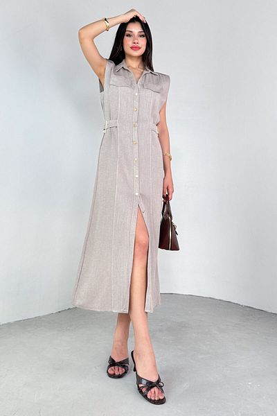Cappmoda ELB-01788 Φόρεμα πουκάμισο από ακατέργαστο λινό με λαιμόκοψη με τσέπες και λεπτομέρεια δεσίματος