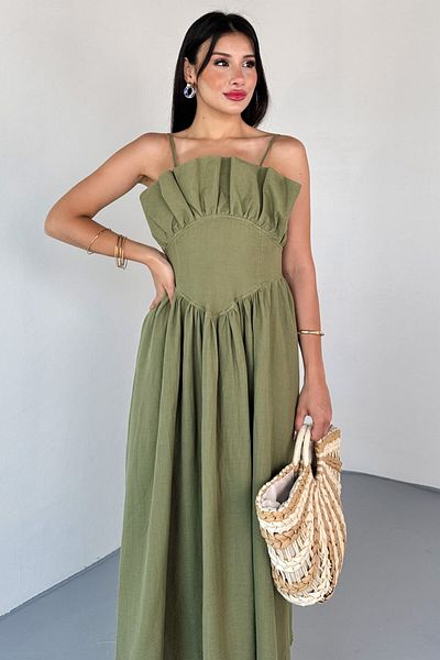 Cappmoda ELB-01807 Χακί μπροστινό πλισέ μπουστάκι μουσελίνα υφασμάτινο φόρεμα