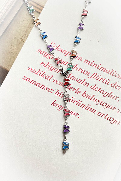 roshel Çelik Y Kolye Taşlı Kalp,Kelebek ve Deniz Kabuğu Figürlü