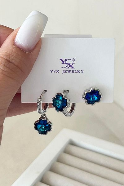 TAKIŞTIR مجموعة أقراط YSX مكونة من 3 قطع بتفاصيل حجرية فضية اللون
