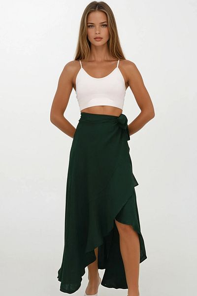 VAGGON Women's Green Asymmetrical Cut Button Closure Muslin Skirt Vs00207