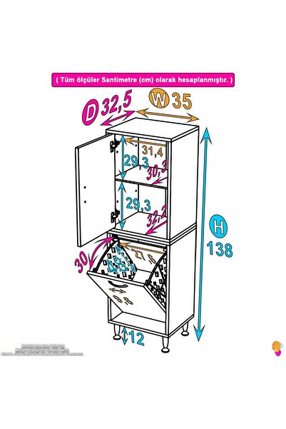 Modilayn İlkim Banyo Dolabı Alt Modül Çamaşır Sepeti (35 cm Genişlik)