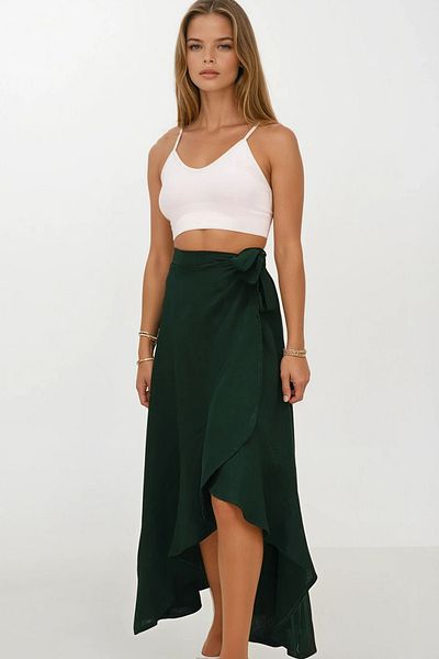 VAGGON Women's Green Asymmetrical Cut Button Closure Muslin Skirt Vs00207