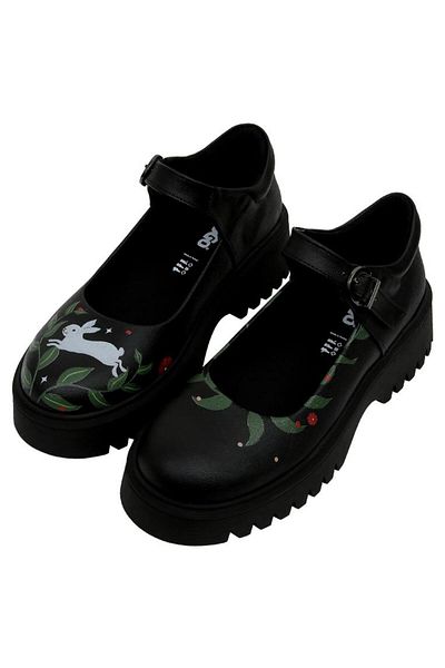 Dogo Women's Vegan Leather Black Mary Jane Loafer - Bunny with Herbs Design