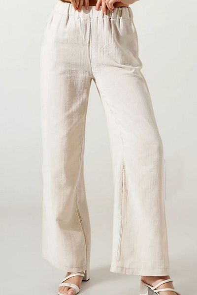 VAGGON Women's Beige Double Pocket Elastic Waist Muslin Palazzo Trousers Vs00208