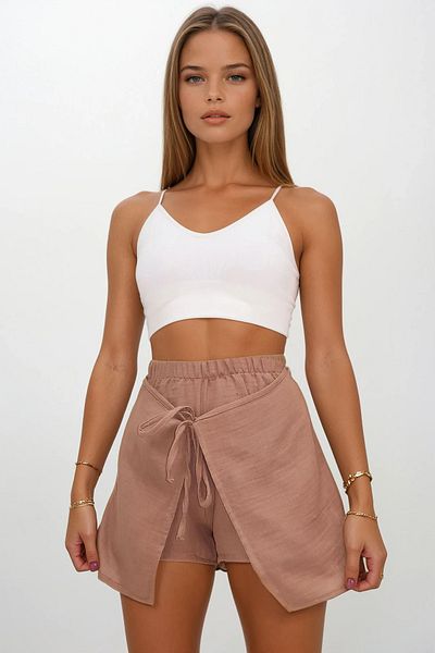 VAGGON Women's Mink Elastic Waist Tie Detail Covered Muslin Shorts Skirt Vs00209
