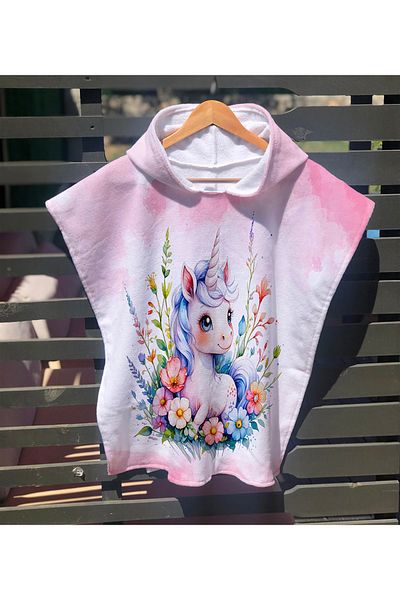 Evmila Unicorn Patterned Children's Poncho Beach Towel & Bathrobe 60X60 cm