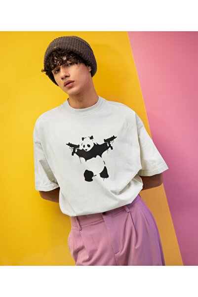 Terziligiyin Silahlı Panda Baskılı Oversize Erkek Tişört