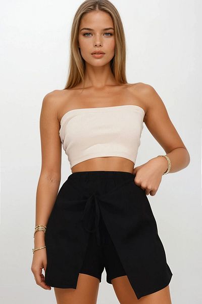 VAGGON Women's Black Elastic Waist Tie Detailed Covered Muslin Shorts Skirt Vs00209