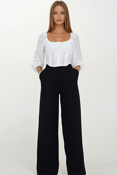 VAGGON Women's Black Double Pocket Elastic Waist Muslin Palazzo Trousers Vs00208