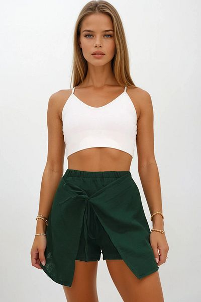 VAGGON Women's Green Elastic Waist Tie Detail Covered Muslin Shorts Skirt Vs00209