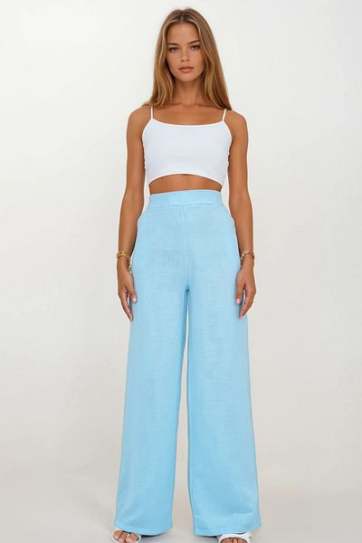 VAGGON Women's Blue Double Pocket Elastic Waist Muslin Palazzo Trousers Vs00208