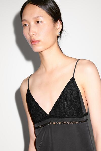 Massimo Dutti Dantel detaylı %100 ipek midi elbise