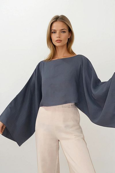 VAGGON Γυναικεία Anthracite Boat Neck Yarsa Sleeve Crop Muslin Μπλούζα Vs00210