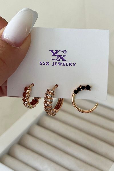 TAKIŞTIR مجموعة أقراط YSX مكونة من 3 قطع مع تفاصيل حجرية ذهبية اللون
